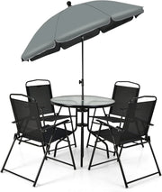 6 PCS Set da pranzo per il patio, set di mobili per il patio con ombrellone, tavolo da caffè con piano in vetro temperato e 4 sedie pieghevoli per esterni, terrazza, cortile, portico