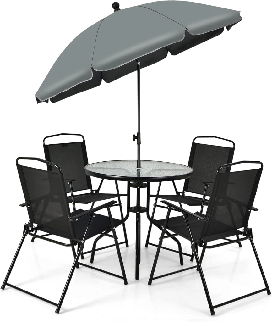 6 PCS Set da pranzo per il patio, set di mobili per il patio con ombrellone, tavolo da caffè con piano in vetro temperato e 4 sedie pieghevoli per esterni, terrazza, cortile, portico