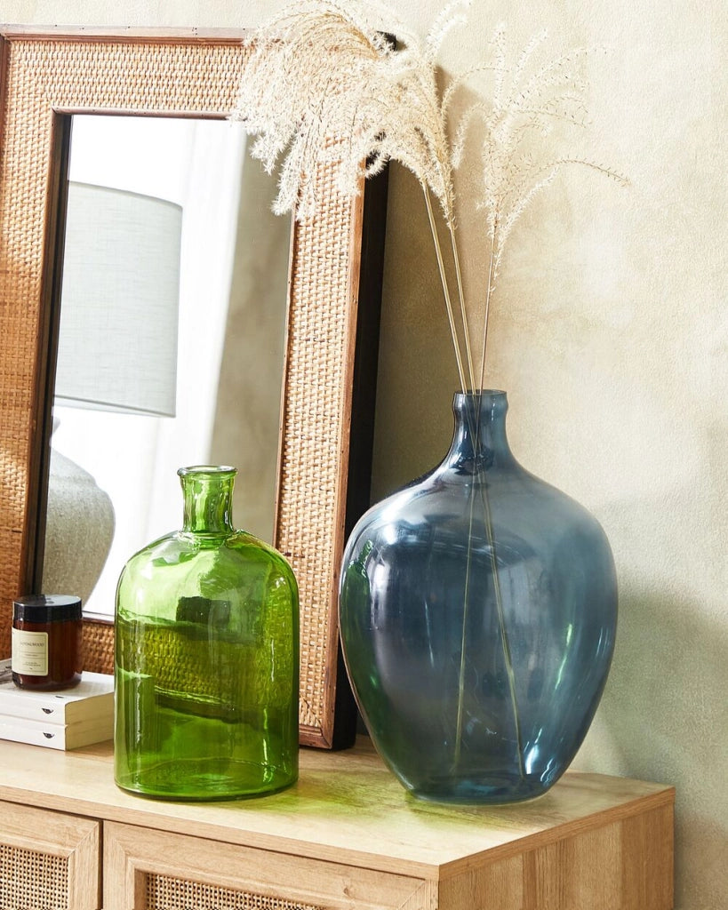 Vaso di fiori in vetro blu 39 cm decorativo fatto a mano rotondo a forma di bocciolo da tavolo decorazione della casa design moderno