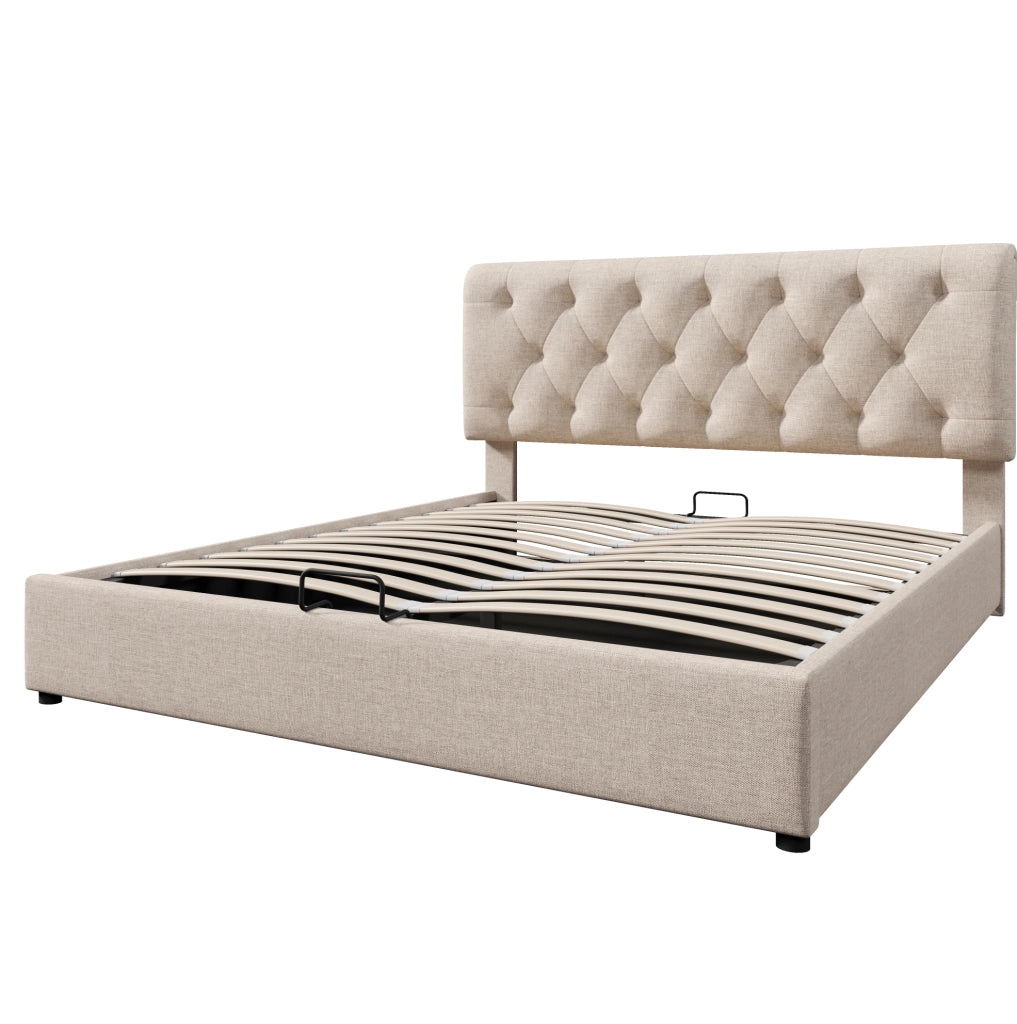 Letto matrimoniale imbottito 160x200 cm con contenitore; testiera regolabile e materasso; naturale