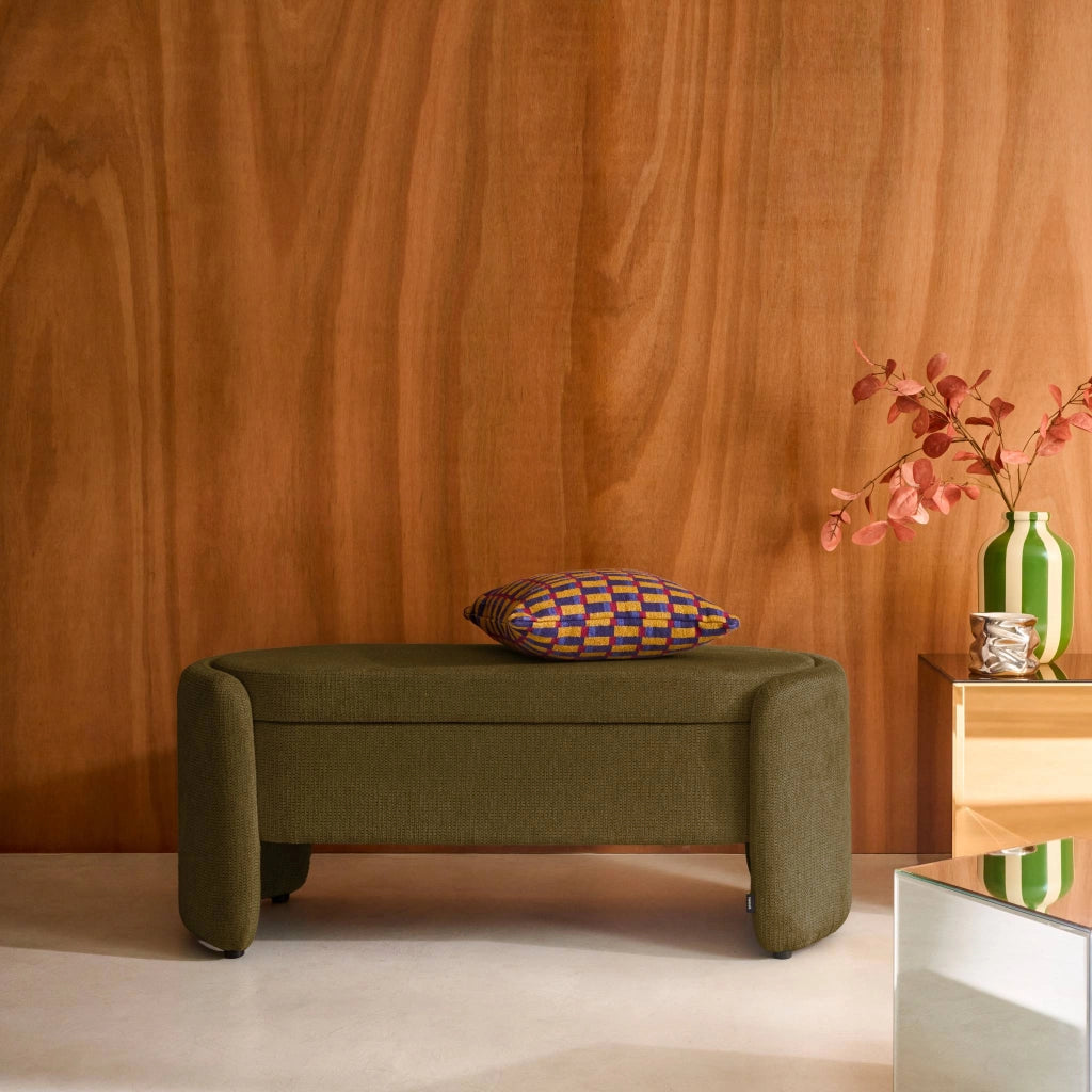 Panca contenitore, fondo letto contemporaneo in tessuto, verde kaki