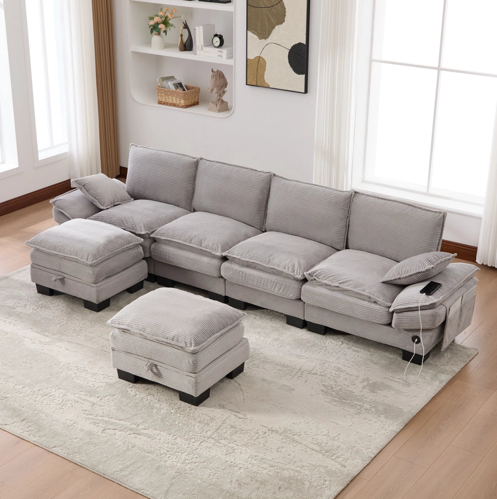 Divano modulare ULEVR 4 posti 330x132x84 cm con 2 pouf contenitore, USB-C e tasche laterali, grigio chiaro