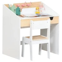 Set Scrivania e Sedia per Bambini con Cassetto e Scaffale, Bordi Arrotondati, Età 6-10 Anni, Bianco e Legno