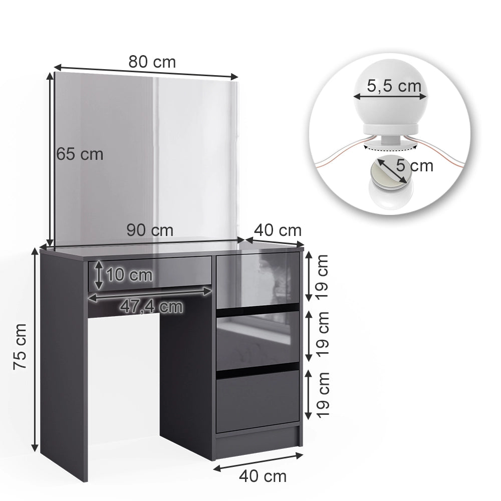 Vicco Tavolo da toeletta Antracite 90 cm con specchio e illuminazione a LED