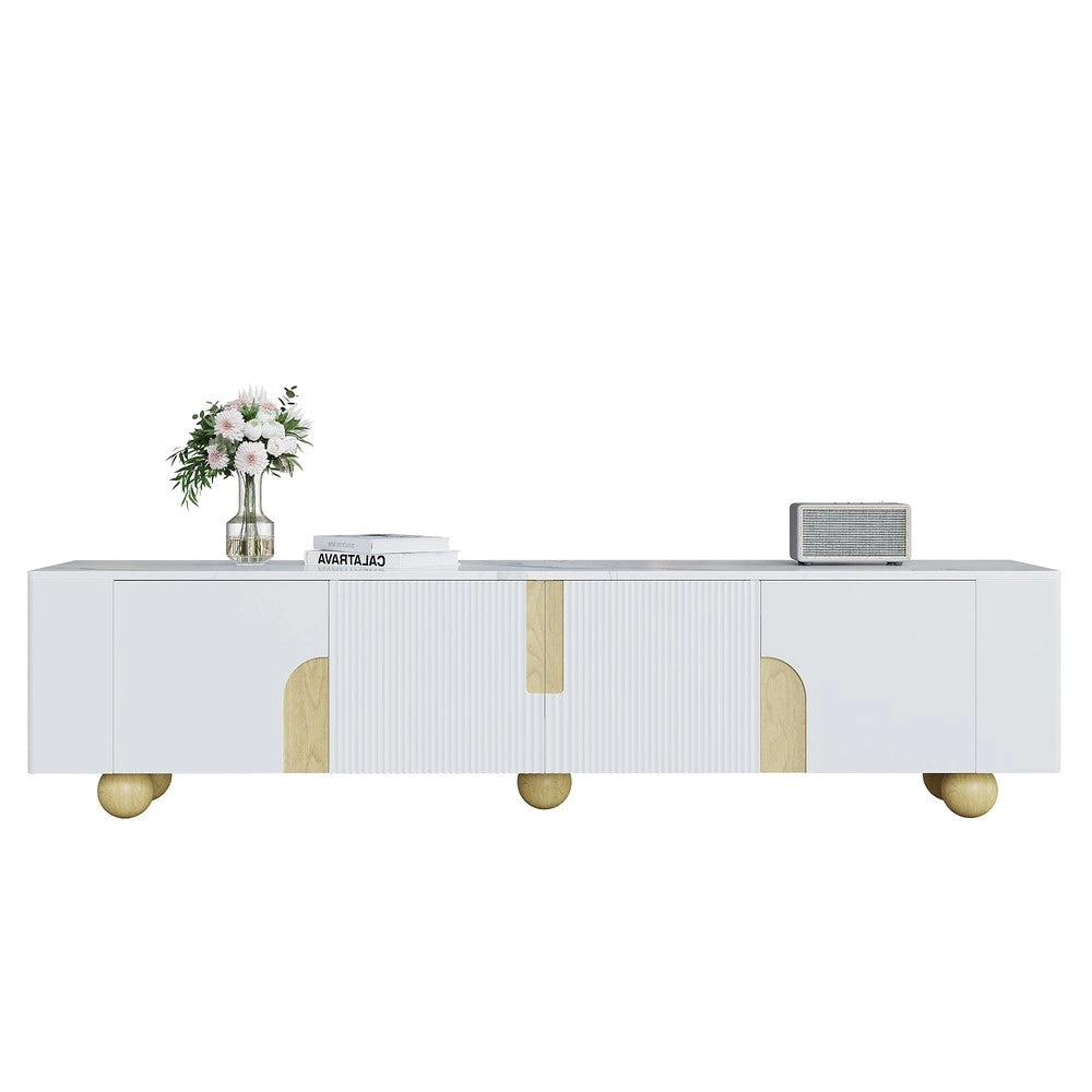 Mobile TV Bianco 180 cm ¨C Xylo ¨C 4 Ante, Design Elegante, Effetto Marmo, Gambe in Legno