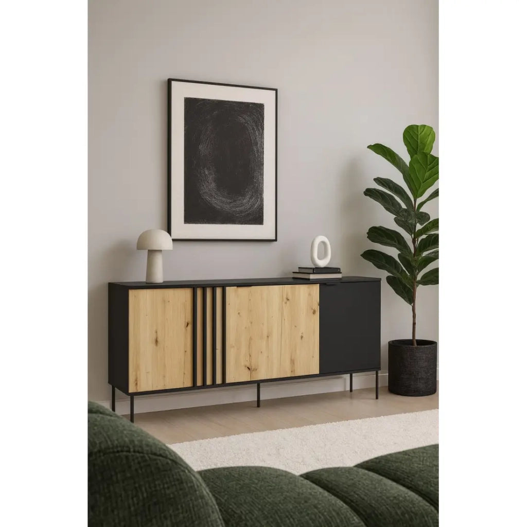 Buffet design IZO – 4 porte – Nero onice & Rovere chiaro – 220x92x40 cm