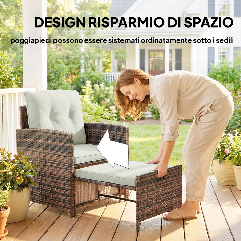 Set Salotto da Giardino con 2 Poltrone Tavolino e Poggiapiedi Salvaspazio in Rattan PE Marrone