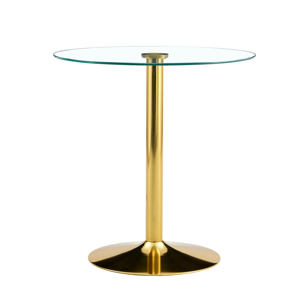 Tavolo da pranzo rotondo in vetro e metallo con base dorata, piano trasparente, per casa, 89 × 89 × 92 cm