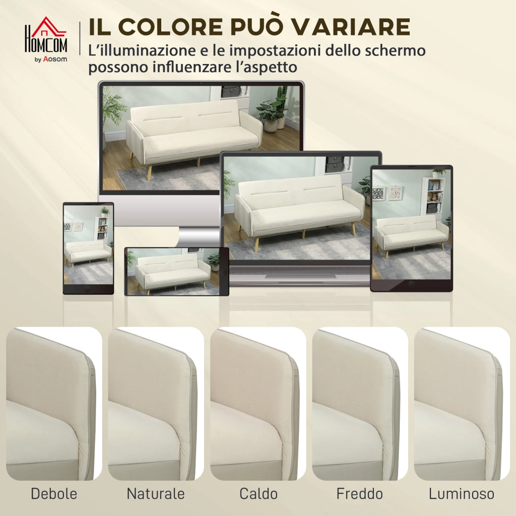 Divano Letto 3 Posti 185x84x83 cm con Schienale Reclinabile e Rivestimento Effetto Velluto Beige