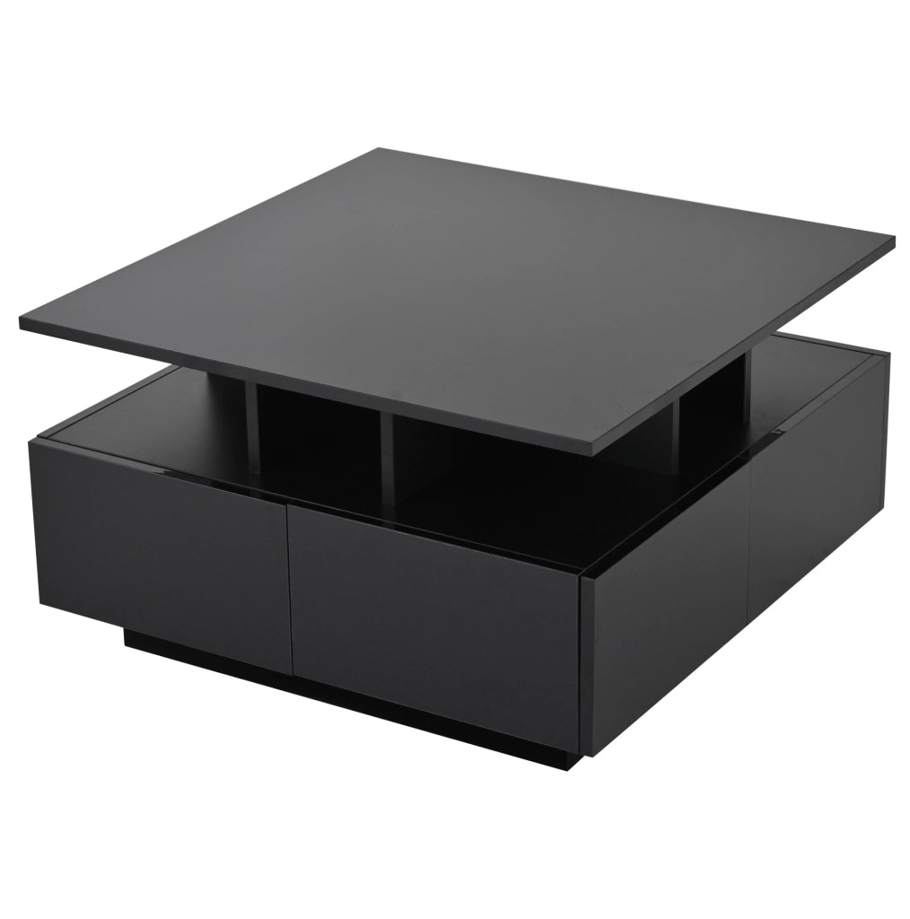 Tavolino da caffè 70x70x40 cm con 4 cassetti; luce LED; finitura lucida; truciolare; nero