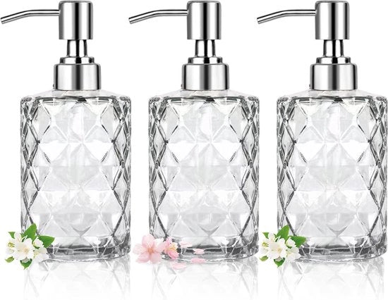 Set di 3 Dispensatori di Sapone in Vetro - 330 ml - Translucido - Pompa in Acciaio Inossidabile
