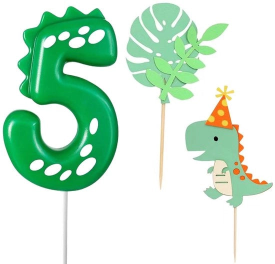 Candeline per compleanni - Dinosauri - Numeri 5 - Decorazione per torta - Candeline verdi - Festa tematica - 2 pezzi - Candeline per torta