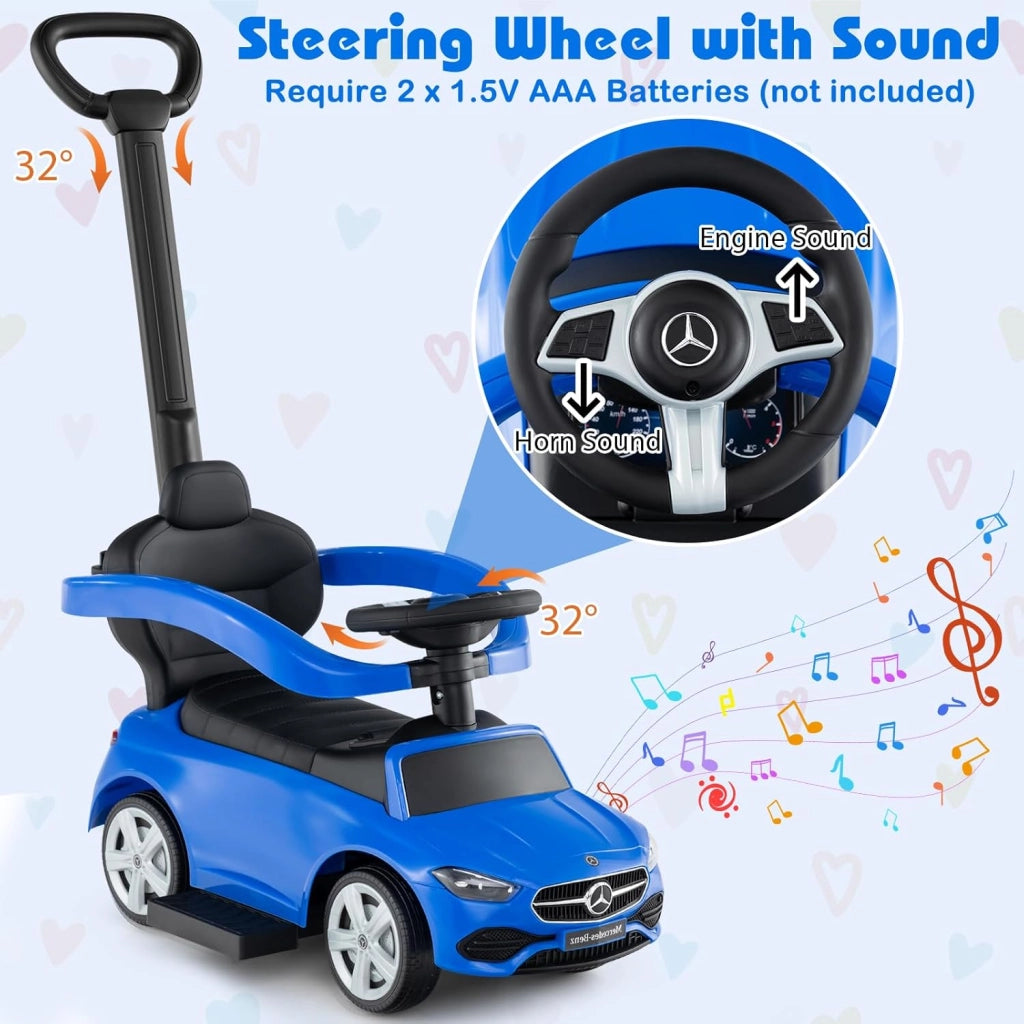 Macchina Cavalcabile per Bambini con Licenza Mercedes-Benz 3 in 1, Capote Regolabile, Guida Realistica con Volante e Clacson, Capacità di Carico 25 KG, per Bambine e Bambini 1-3 Anni (Blu)