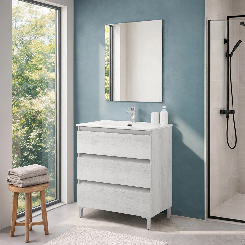Mobile bagno a terra 100 cm in quercia bianca con lavabo Leda