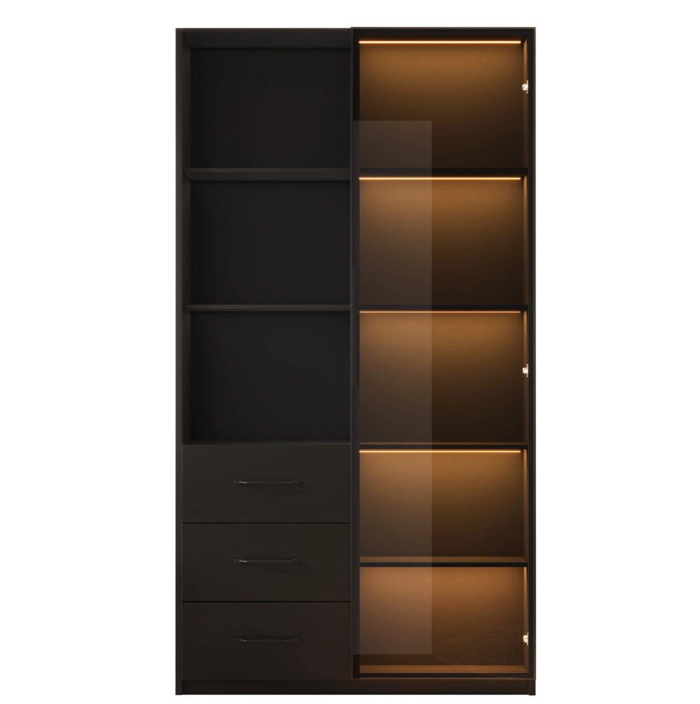 Vetrina LED alta 80x40x160 cm in pannello truciolare nero con porta in vetro temperato