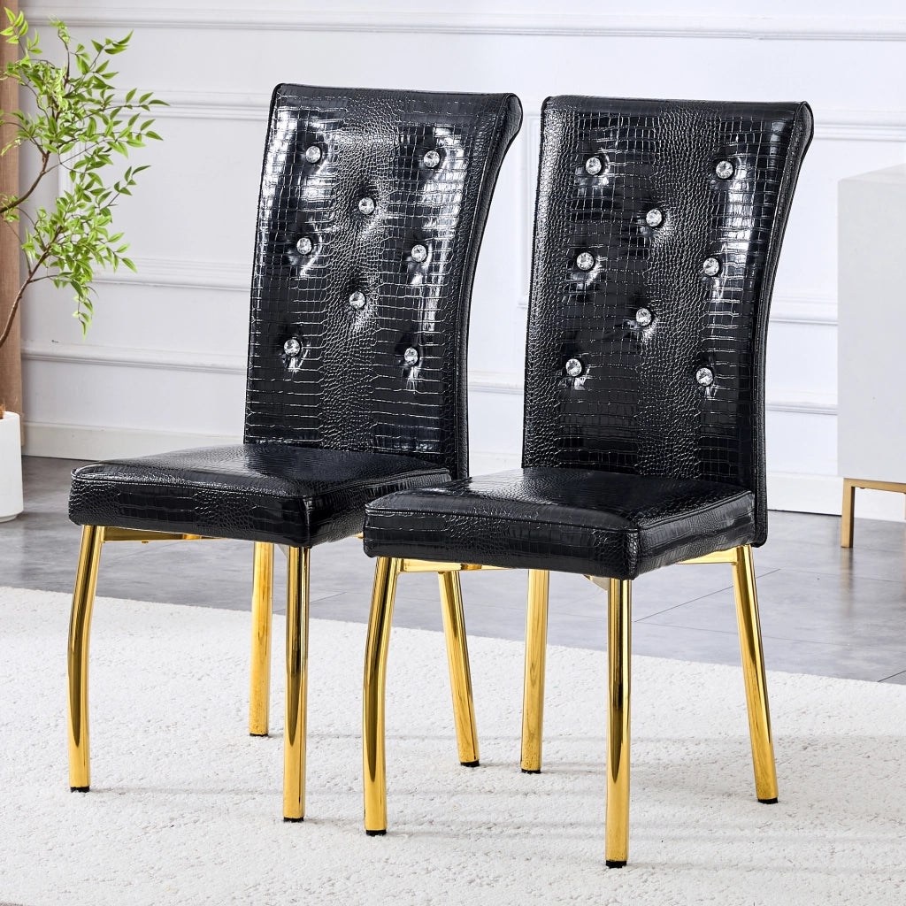 Set di 2 sedie da pranzo con design effetto coccodrillo e dettagli in cristallo in PVC nero e oro