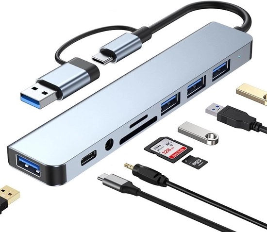Adattatore USB-C adattatore USB versione 3.0, in alluminio 8-in-1 estensore USB, dotato di lettore di scheda SD/TF, connessione 3,5 mm per cuffie audio. Compatibile con MacBook Pro Air e molti altri PC/laptop/tablet.