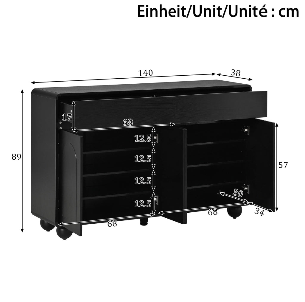 Credenza 140x38x89 cm con 2 cassetti e 4 ante in truciolare e MDF nera