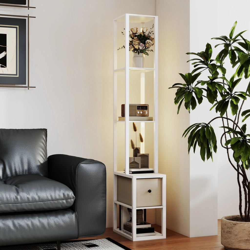 Lampada da terra con scaffali aperti e cassetto in tessuto ¨C Zephmum ¨C Bianco