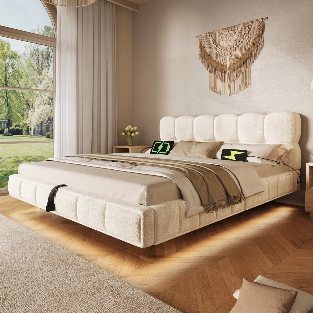 Letto matrimoniale imbottito beige 140x190 cm con sollevamento idraulico; LED e prese USB Type-C