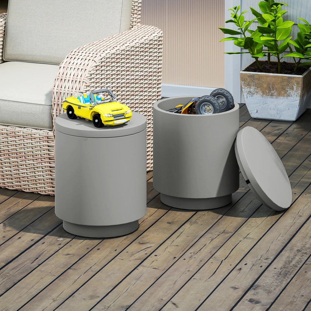 Tavolino da Giardino Multiuso con Secchiello Ghiaccio e Coperchio Ø37,5x43,5 cm in Cemento e Acciaio Inox Grigio Chiaro