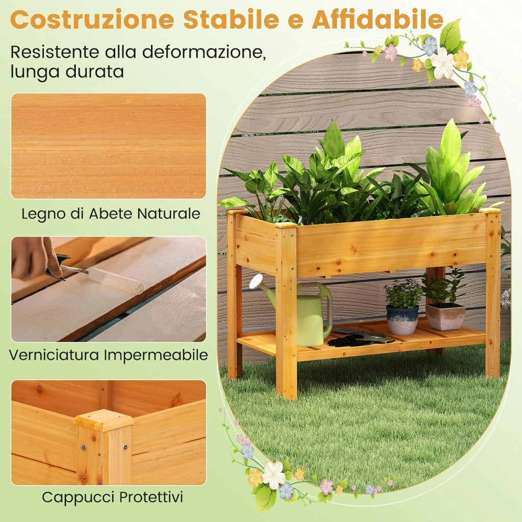Letto per Orto Rialzato da Esterno in Legno di Abete, Fioriera Rialzata con Fori di Drenaggio e Ripiano Inferiore, Letto per Piante Urbano da Giardino e Patio, 120 x 60 x 82 cm (Arancione)