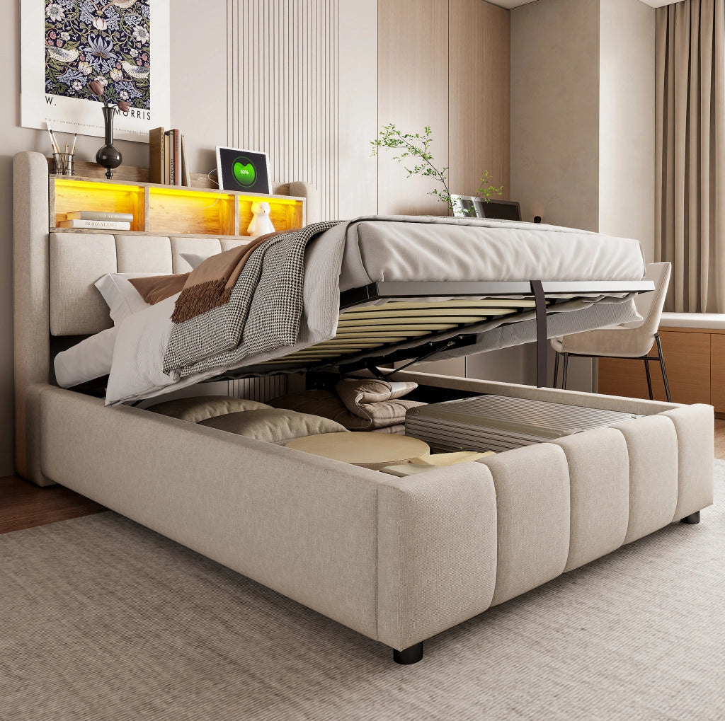 Letto imbottito ULEVR 90x200 cm beige con contenitore idraulico, LED regolabili, USB e Type-C