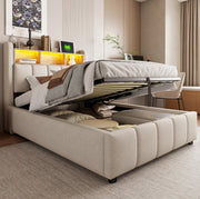 Letto imbottito ULEVR 90x200 cm beige con contenitore idraulico, LED regolabili, USB e Type-C