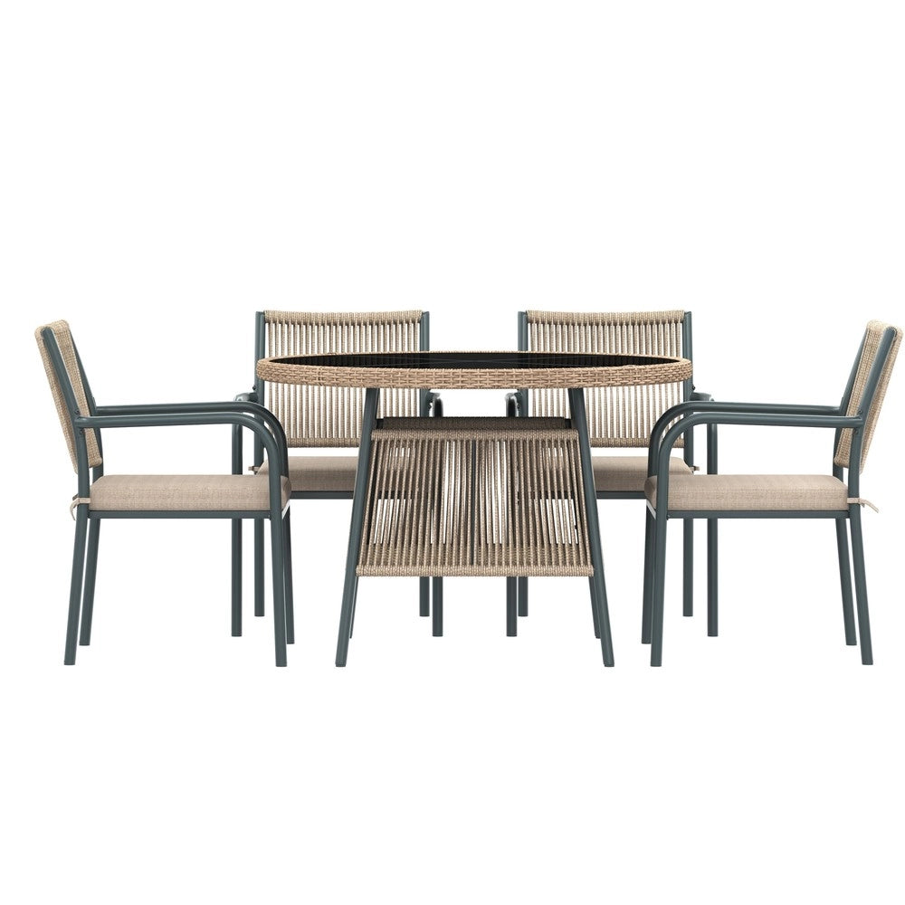 Set da giardino in rattan moderno - Zephmum- Tavolo rotondo in vetro + 4 poltrone