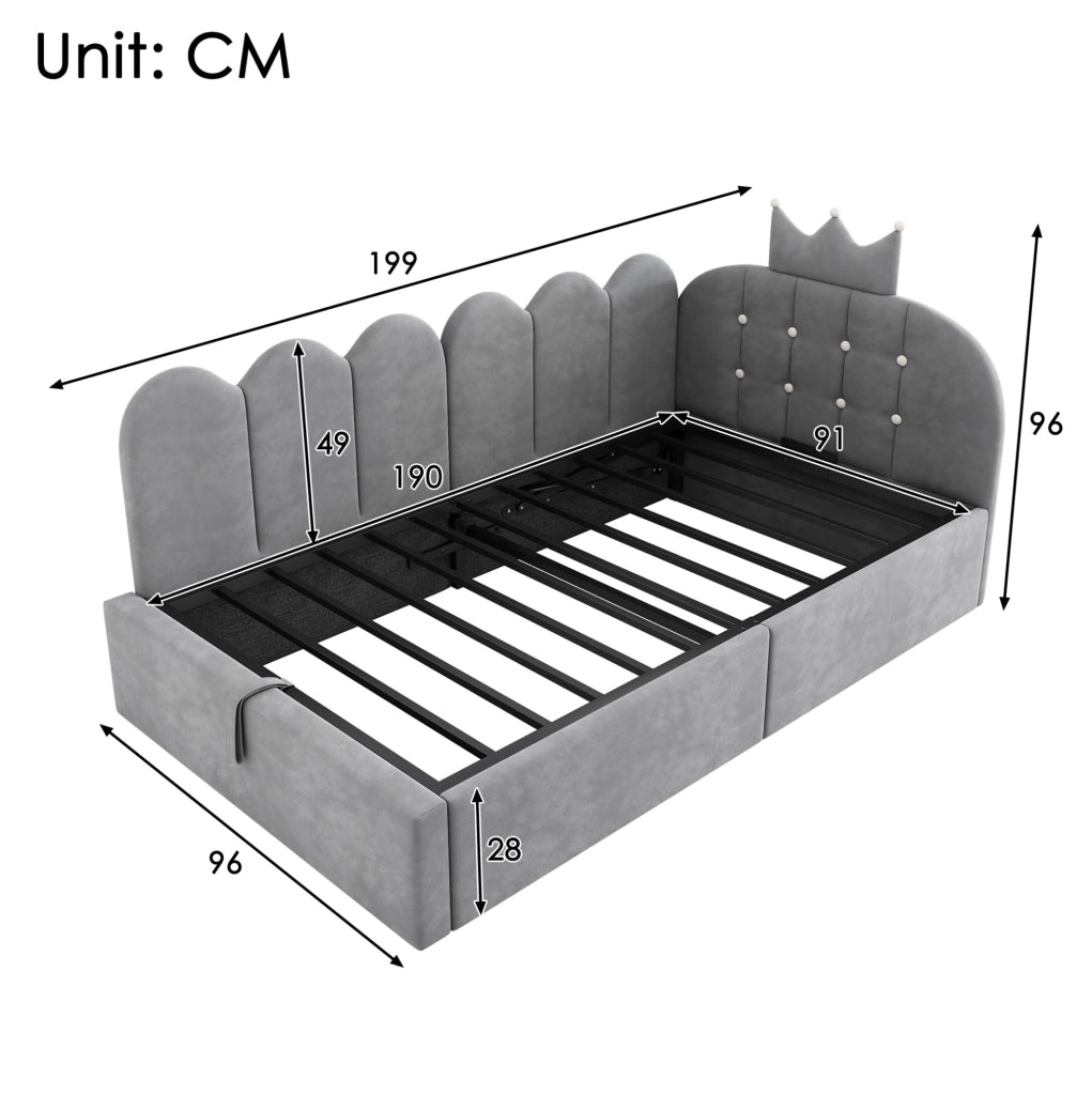 Letto daybed L-forma 90x190 cm in velluto grigio con contenitore e design a corona