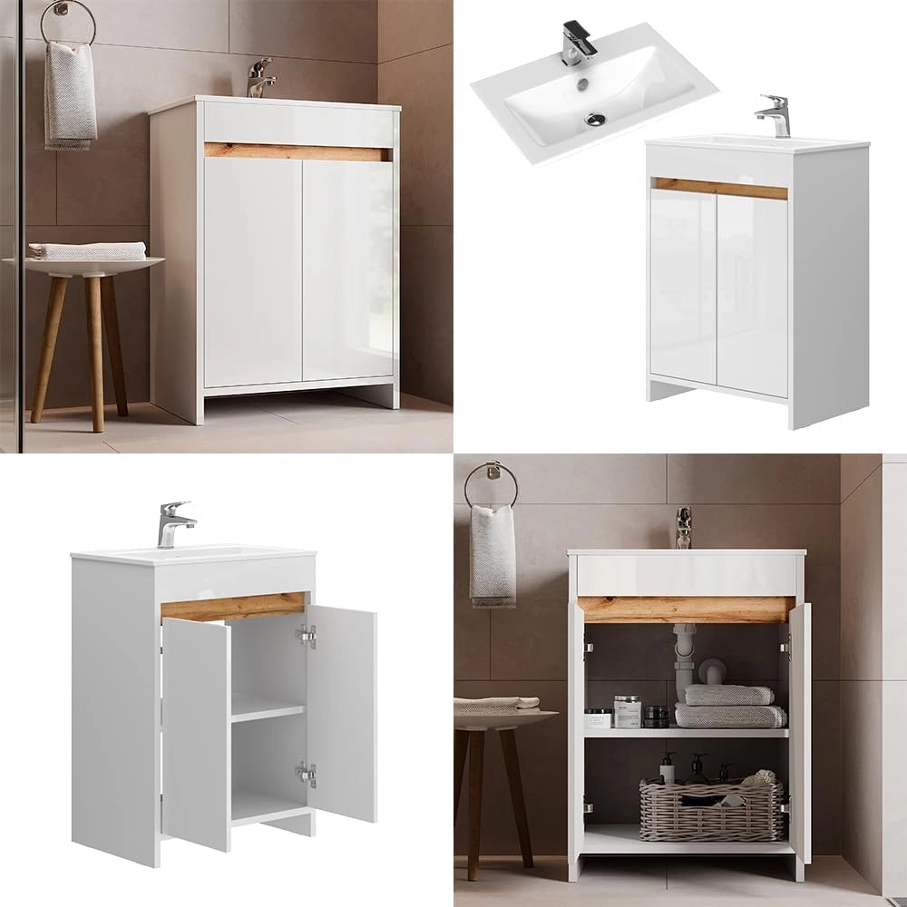Set di mobili da bagno Lemgo, Bianco lucido, 59.6 cm, composto da mobile sottolavabo e lavabo