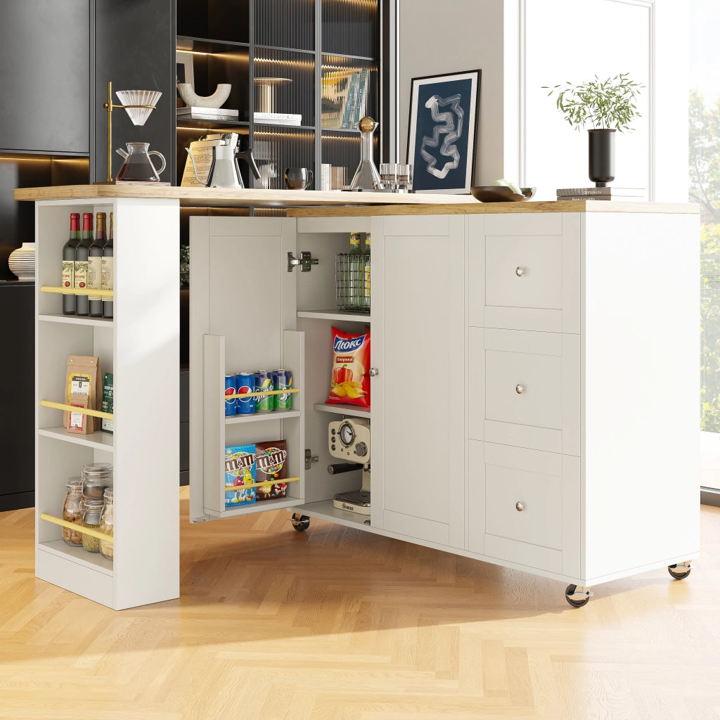 OKWISH Carrello da Cucina con 2 Ante e 3 Cassetti, 3 Ripiani, Rotazione a 360° e Ruote, MDF, Bianco