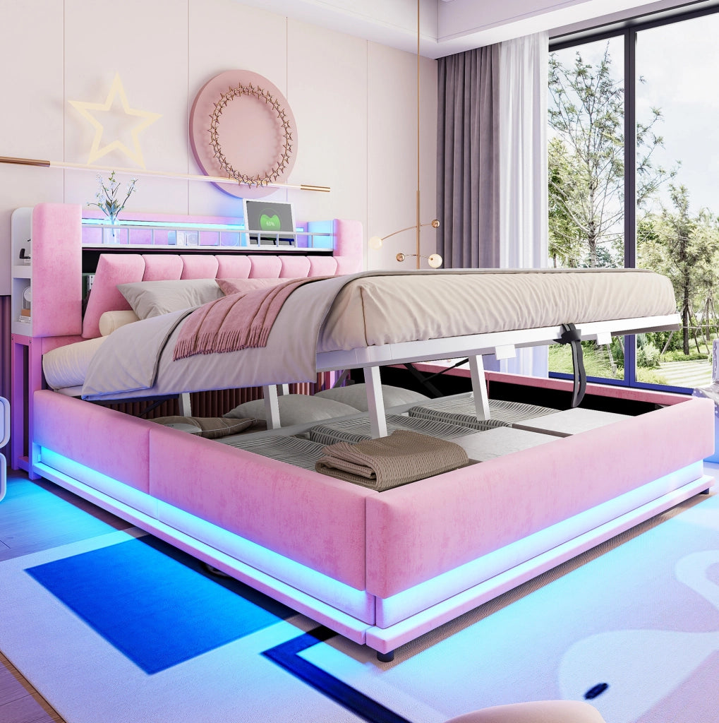Letto matrimoniale imbottito 180x200 cm con LED; USB e contenitore; rosa