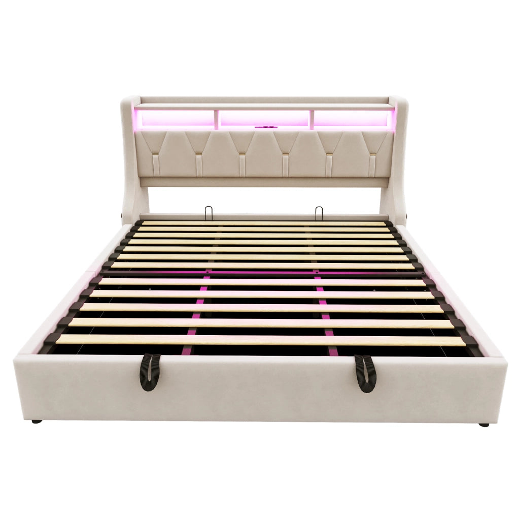 Letto matrimoniale 180x200 cm in velluto beige con contenitore; LED e testiera con prese USB/C