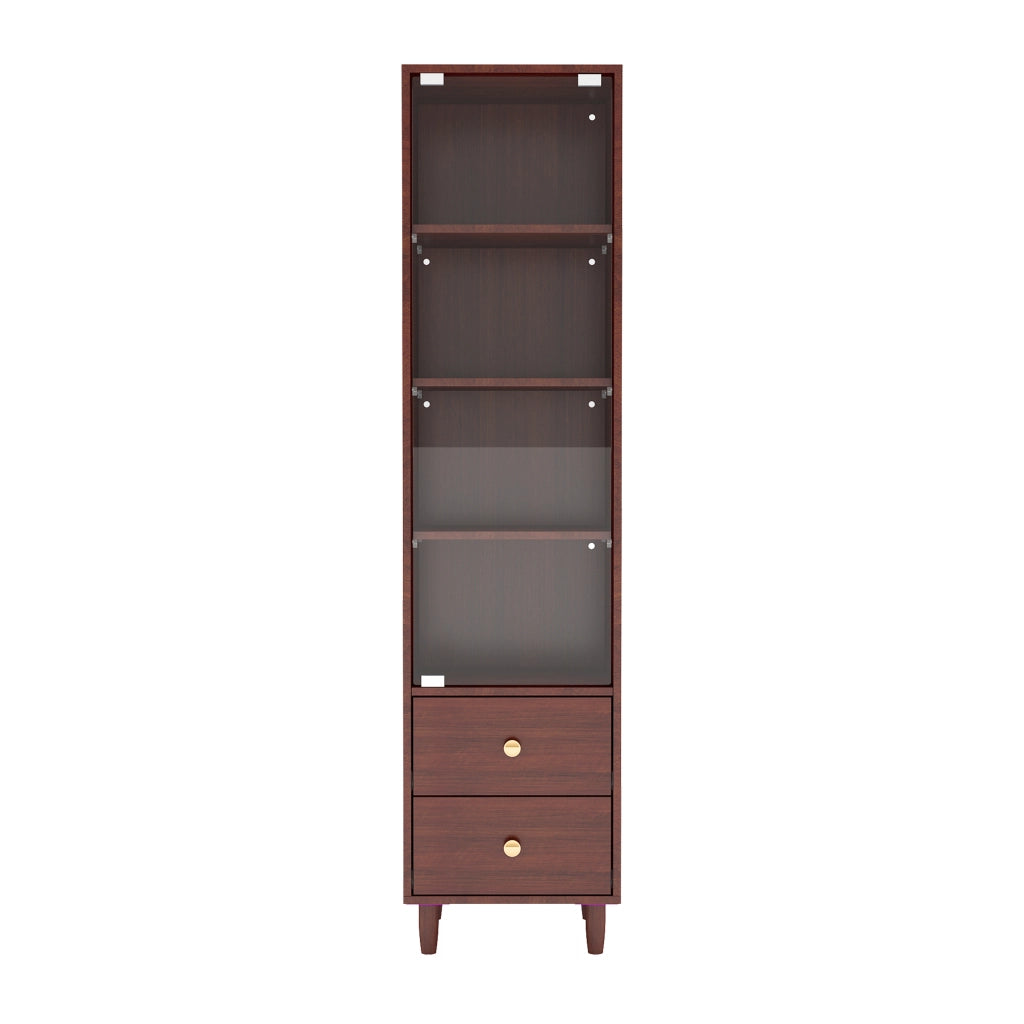 Vetrina, libreria, illuminazione a LED, ante in vetro, 2 cassetti, ripiani regolabili, color noce