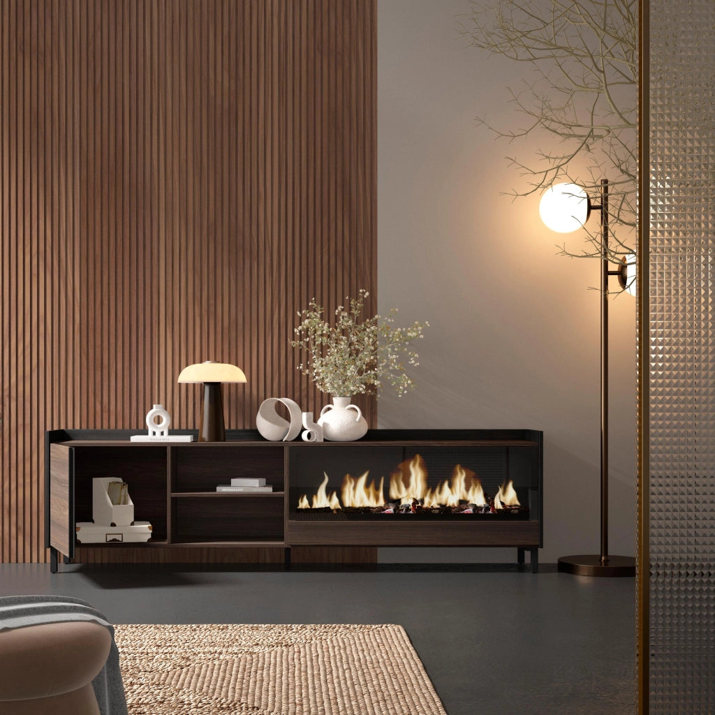 Mobile TV Soggiorno, 212x61x35 cm, Per TV fino a 80", Camino elettrico XXL, Design industriale, Rovere scuro e Nero