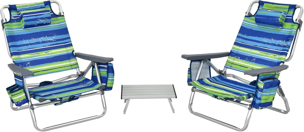 Set di 2 Lettini Prendisole Pieghevoli e Tavolino, Lettini da Spiaggia con Poggiatesta e Schienale Regolabile, Sedie Sdraio Portatile con Borse Laterali per Giardino, Piscina (Blu Marino)