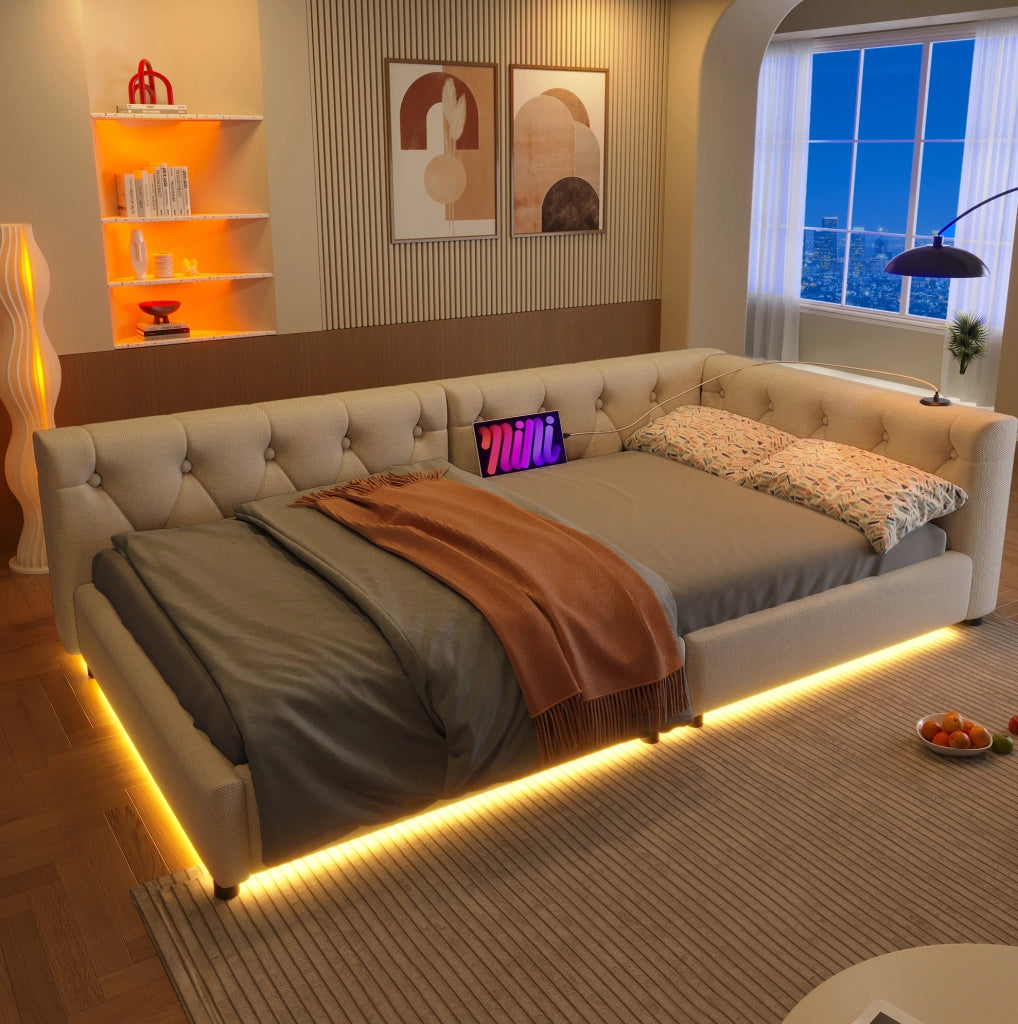 Daybed 90x200 cm beige con LED, USB e Type-C