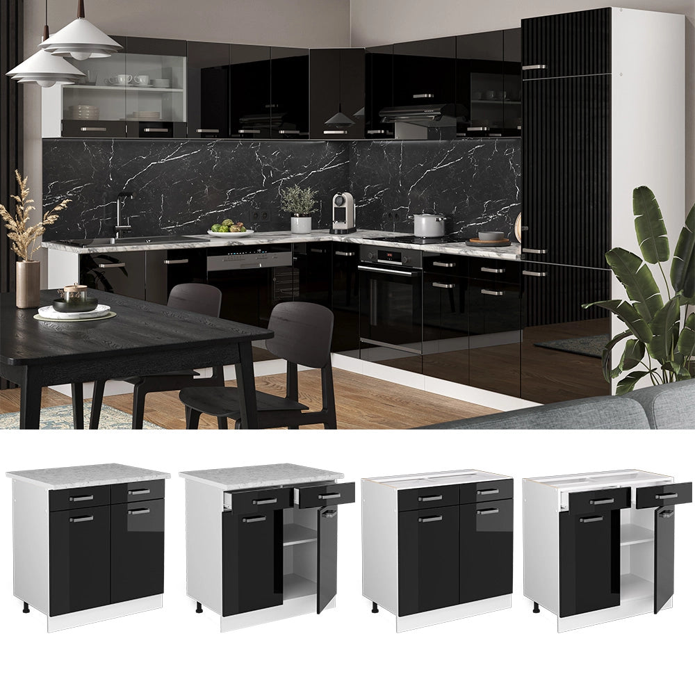 Vicco Mobiletto base per cucina Nero lucido 80 cm , PL Rovere