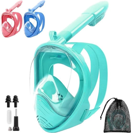 Maschera da snorkeling per bambini XS con visuale 180°, sistema di respirazione asciutta, anti-condens e anti-leak con accessori (verde)