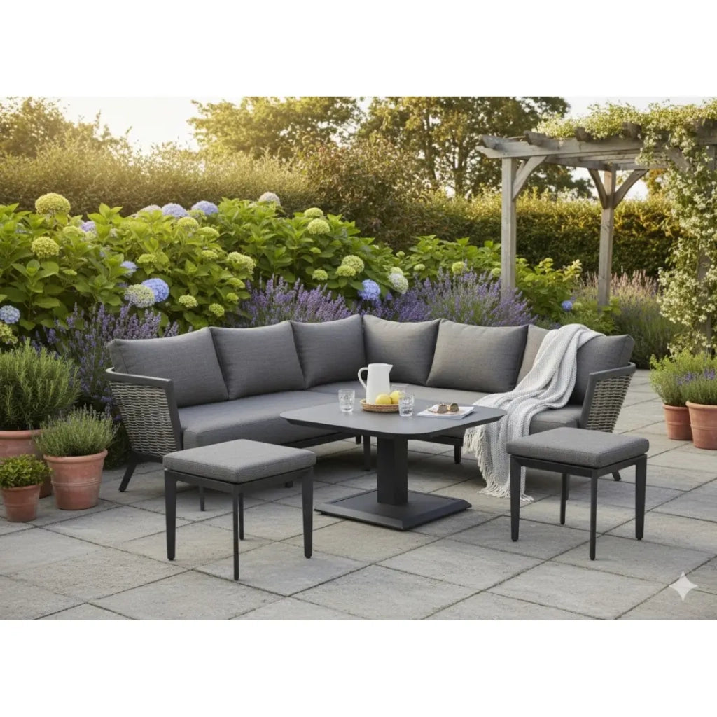 Salotto da giardino VENTARO 7 posti in alluminio grigio con divano ad angolo, tavolo regolabile e pouf