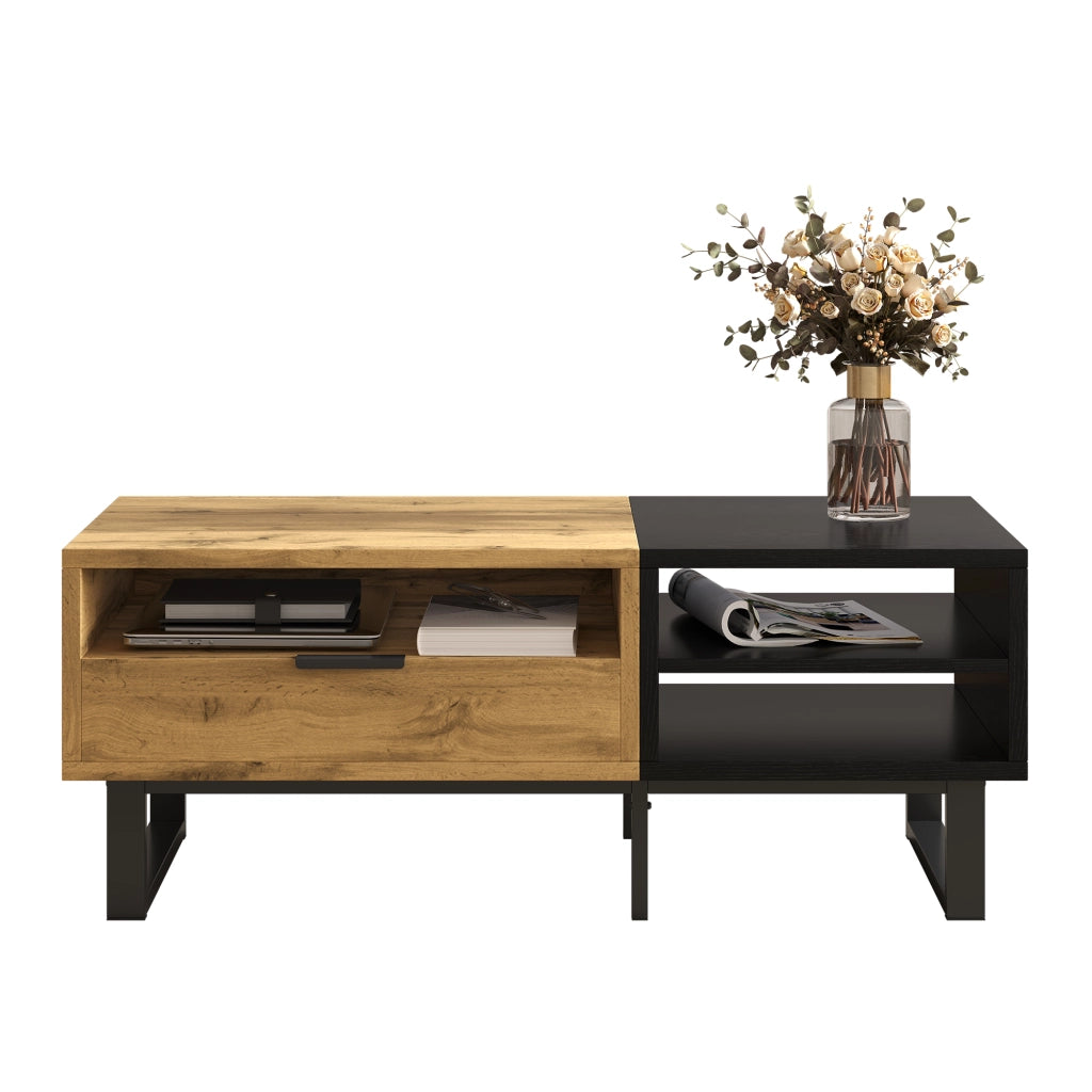 Tavolino da Caffè con 1 Cassetto e 3 Vani Aperti; Gambe in Metallo; Stile Industriale; in Pannello Truciolare; Naturale; 100×50×40 cm