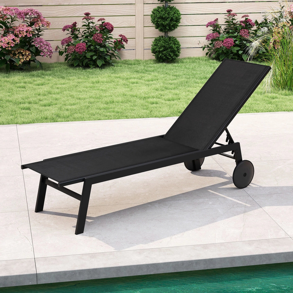 Sdraio patio ruote poltrona reclinabile 6 posizioni schienale regolabile-Sdraio tessuto traspirante prendisole piscina terrazza giardino Nero