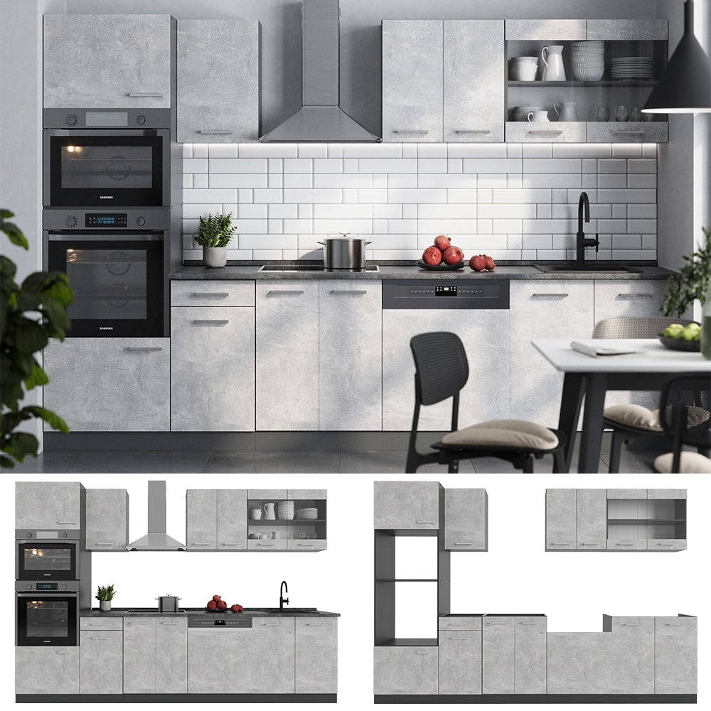 Cucina componibile R-Line Calcestruzzo/Antracite 300 cm con armadio alto, senza piano di lavoro Vicco