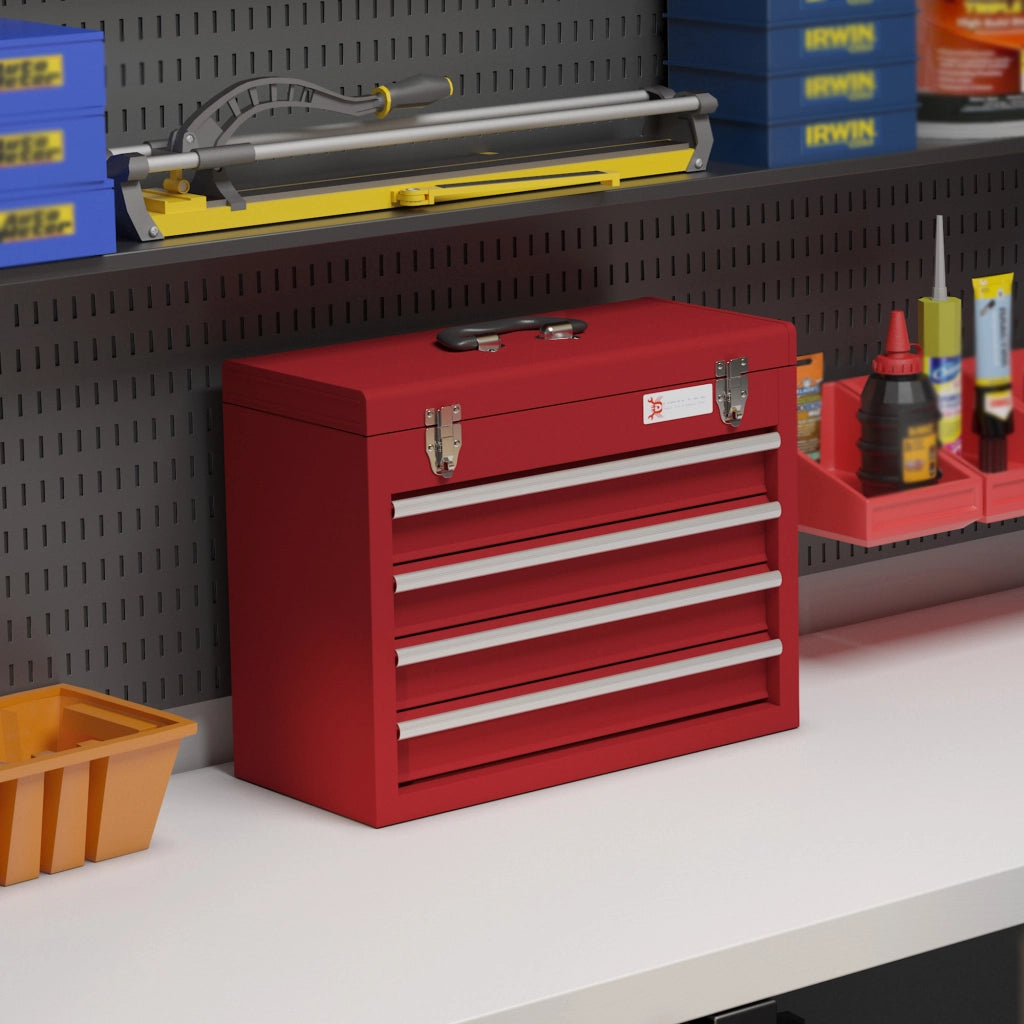 Cassettiera portautensili con 4 cassetti, vano superiore chiudibile, struttura in acciaio rosso, 51 x 22 x 39,5 cm