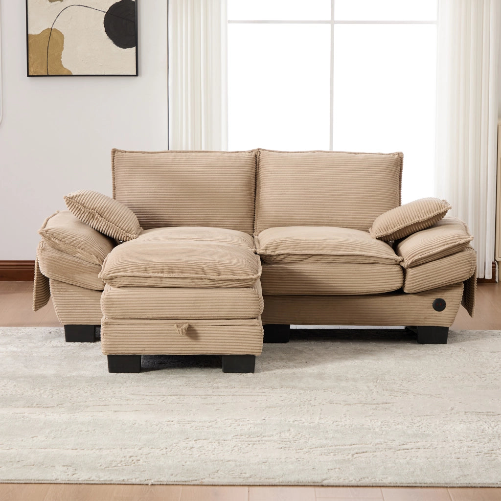 Divano a 2 posti in corduroy con pouf, ampia seduta ergonomica, USB-C e tasche laterali, per soggiorno, khaki