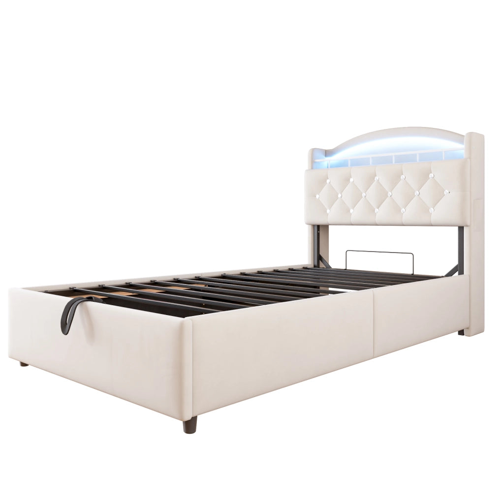 Letto singolo imbottito con contenitore a gas; LED e 4 porte di ricarica; velluto beige; 90x200 cm; senza materasso