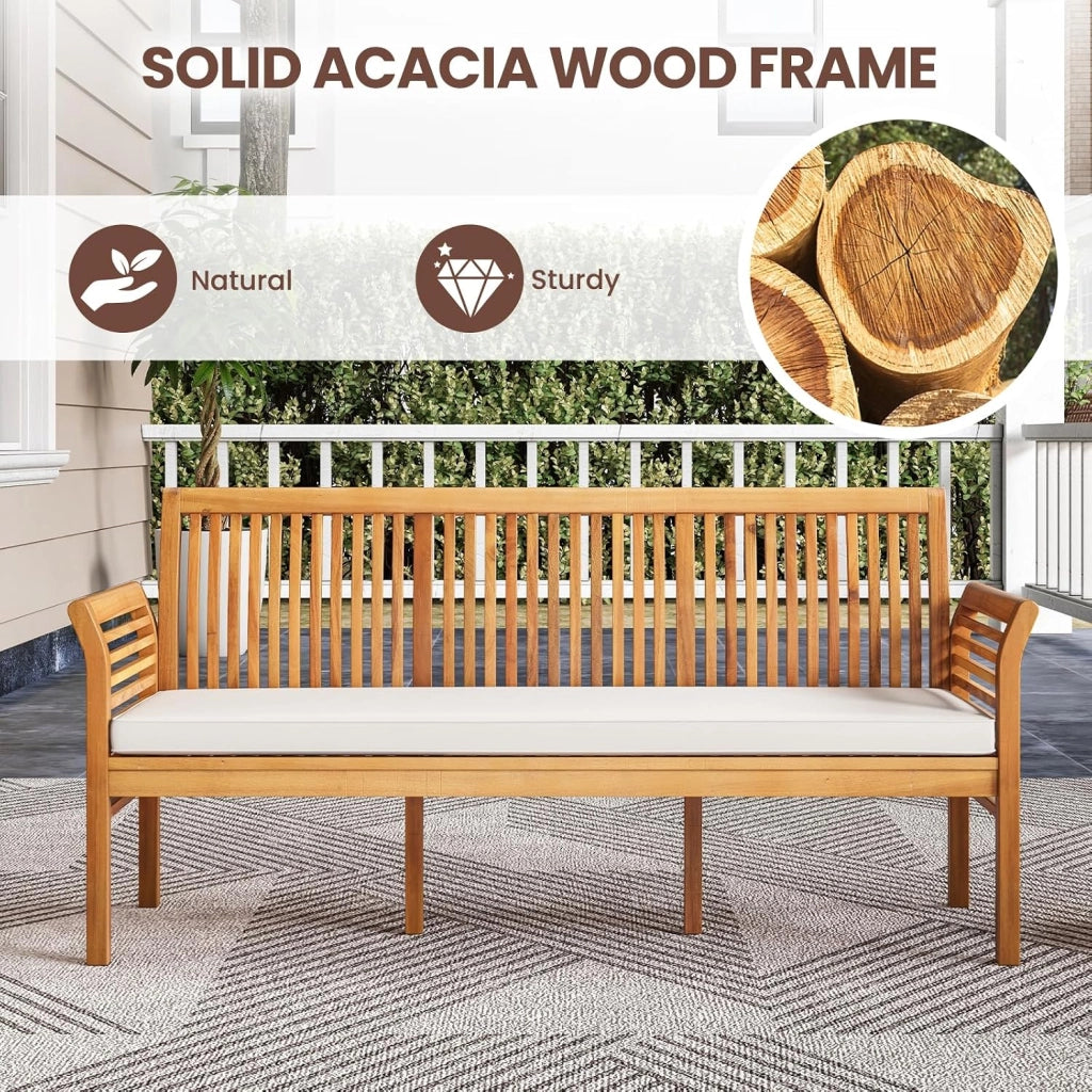 Panca da giardino a 3 posti, panca da parco in legno di acacia, panca da parco con cuscino rimovibile, sedia da parco con schienale, carico di 540 kg, 159 x 59 x 77 cm