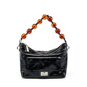 Borsa a mano plissettata in vera pelle vintage cerata, nera.
