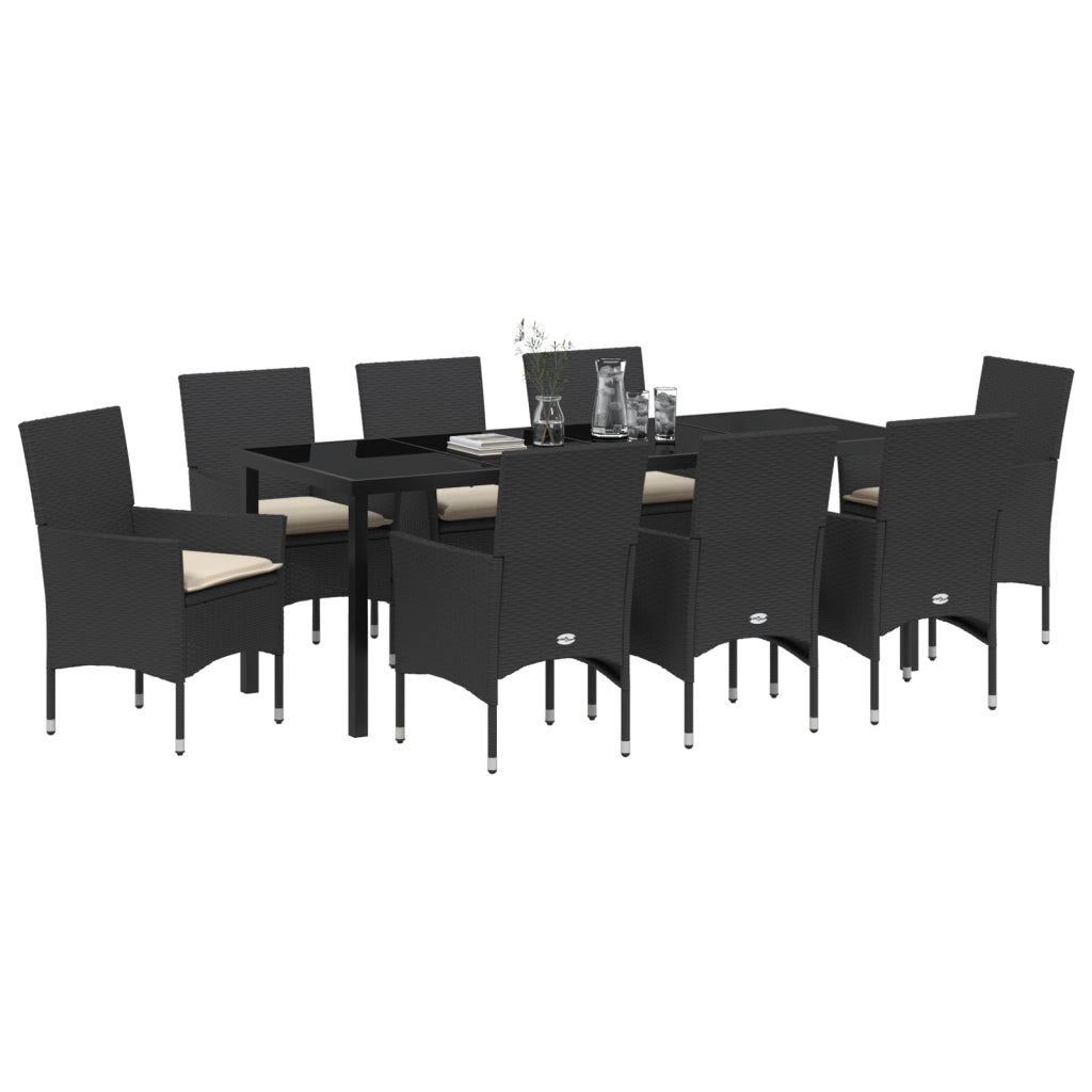 Set da Pranzo da Giardino  9 Pezzi con Cuscini in Rattan Polyrattan Nero